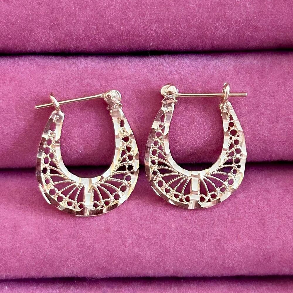 14k Solid Gold Filigree Hoop Earrings